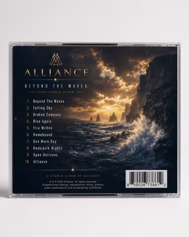 Back cover of Beyond The Waves Album by Alliance showing the ten-track listing and ocean cliff artwork