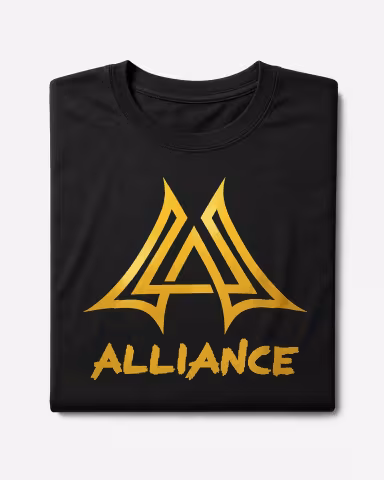 Black T-shirt with gold Alliance logo folded