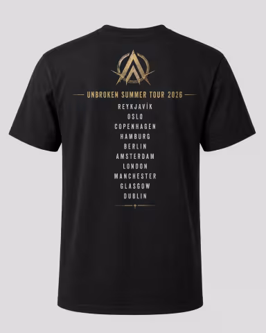 Bakhlið svarts tónleikaferðabols innblásins af Unbroken-plötunni og Summer Tour 2026