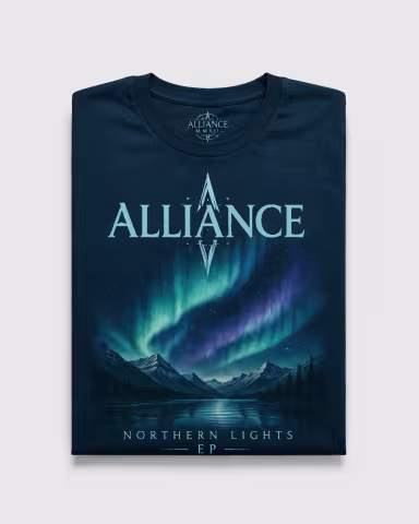 Dark blue Northern Lights T-Shirt with aurora-inspired Alliance artwork folded