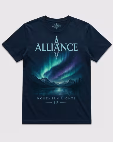 Dark blue Northern Lights T-Shirt with aurora-inspired Alliance artwork front