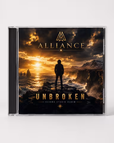 Efnisleg CD-útgáfa af Unbroken-plötunni frá Alliance með dramatísku myndverki af gullnum klettum á framhliðinni