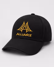 Black Alliance Logo Cap shown from an angled front-side view with embroidered gold logo