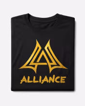 Black T-shirt with gold Alliance logo folded