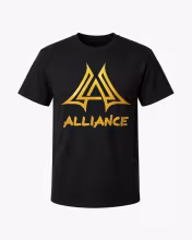 Black T-shirt with gold Alliance logo front