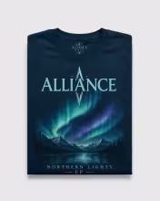 Dark blue Northern Lights T-Shirt with aurora-inspired Alliance artwork folded
