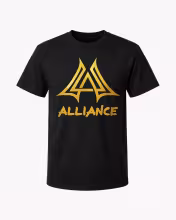 Svartur stuttermabolur með gullnu Alliance-merki að framan