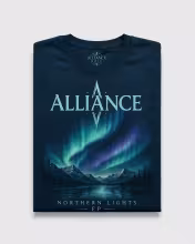 Dökkblár Northern Lights-stuttermabolur með Alliance-myndverki innblásnu af norðurljósum, samanbrotinn